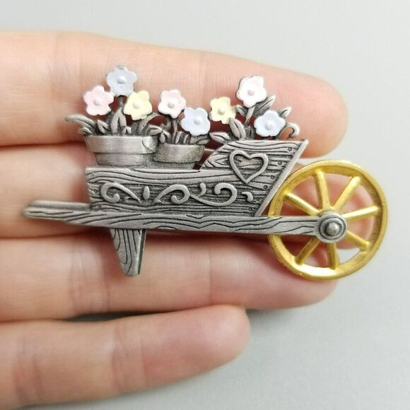 Vintage J J Flower Cart Brooch, Silver Tone with Moving Wheel Lapel Pin, Signed - Picture 6 of 7